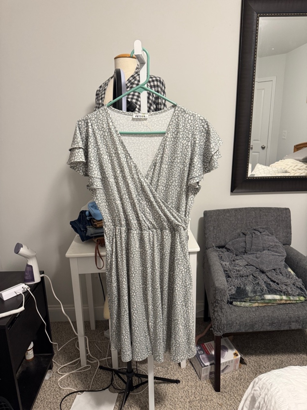 Velvet by Graham & Spencer Light Gray and green Floral Wrap Mini Dress
